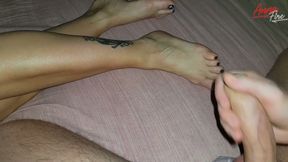 Stepson masturbates and cums on stepmom's beautiful feet