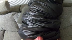 cum play on my new long black shiny and puffy jacket 184