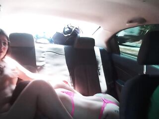 cute golden-haired sucks my boobs in the uber and licks my delightsome cunt