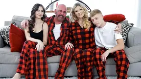 Traditional family breakfast turns into under the table handjobs and a wild foursome fuck fest