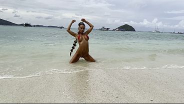 Hot Monika Fox With Braid In Red Mini Swimsuit On Beach
