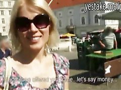 Blonde cutie is picked up at market and rides dick in public
