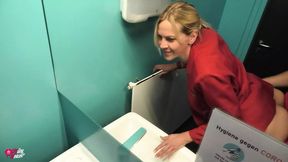 Raw dogged blonde babe creamed in corporate crapper hell!!