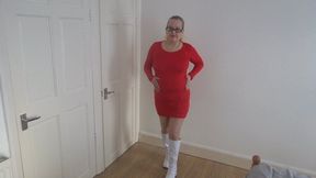 wearing red dress Stockings and suspenders and boots stripping
