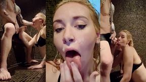 Hot Blonde Stranger Drinks Your Cum in a Public Sauna