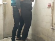 Sexy staff and boss make fun in office bathroom