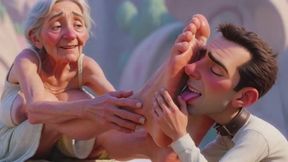 Giantess Old Granny Foot Slave Worship - Tiny Man Licking Her Giant Feet