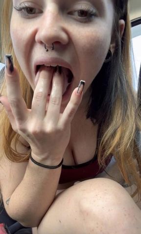 Little redhead is so horny and makes herself cum in the parking lot!