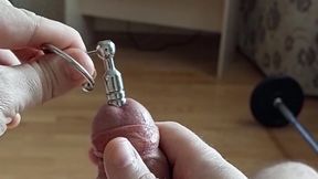 Pop-Shot thru trouser snake urethral speculum with dick-head ring (slow movement cum-shot)