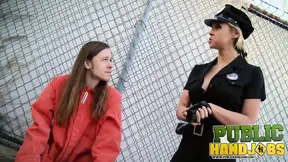 Cop Sarah Vandella gives a dirty outdoor handjob to her prisoner
