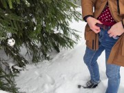 Winter outdoor pissing near the Christmas tree. Yellow snow. Undressing on cold. UHD 4K 60fps