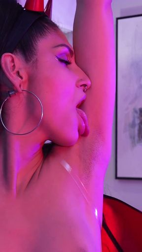 Zariah Aura, Dressed as Little Devil Pleasures Herself, Stroking Her Cock, Rubbing Her Tits and Cumming for You
