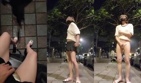 Shemale Ting Xuan sheds her panties outdoors and gushes cum down her thighs