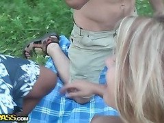 3 guys blonde fucked hard in the forest