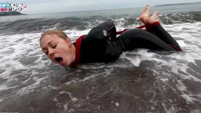 Hogtied in a Wetsuit - Rope Bondage Escape Challenge on the Beach