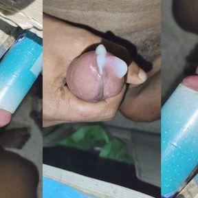 Indian Teen boy inserts his big black cock inside a extremely tight talcom powder container and cums huge