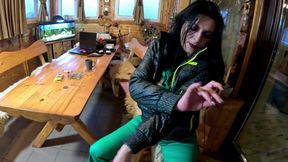 Green Downjacket Tease Smoking, Humiliation & Messy Cum Play