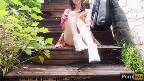 Tiny Asian cutie strums axe outdoors then wets herself, rubs clit, and gets off solo with vibes