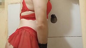 Husband crossdressing in wifes lingerie.