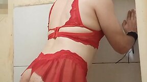 Husband crossdressing in wifes lingerie.