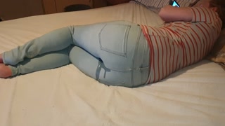 ⭐ Adorable Girl Wets Her Jeans On Her Bed While Playing On Her Phone :3