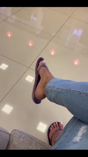 Sexy Exibicionism Dangling with Purple Havaianas Flip Flops in the Waiting Room
