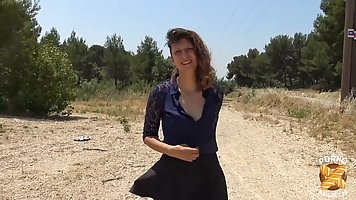 Young brunette girl Melany gets DP'd outdoors