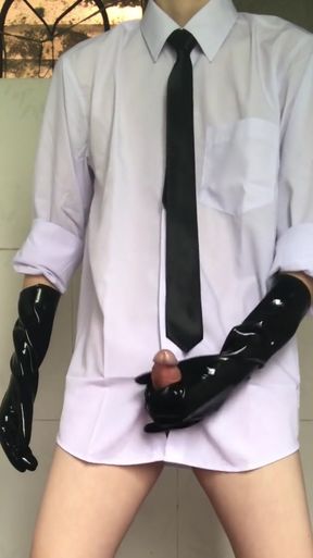 Cum Shot Masturbation With Rubber Gloves   Clip 1