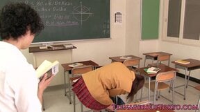 Adorable Japanese student blows meat after class