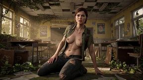 overgrown post apocalyptic ruins in torn olive shirt with partial nudity cinematic 3d animation