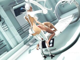 Sex android futa plays with a hot golden-haired in the sci-fi med bay