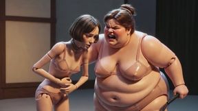 Fat Mistress Whips Bound Skinny Slave - Body Contrast Humiliation