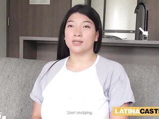 Busty Colombian Angel Gets Her Mouth Banged Hard by Huge White Knob