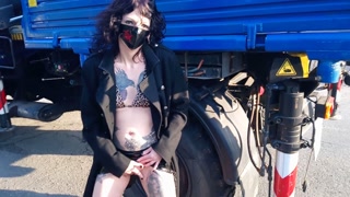 Crazy slut pisses on the street and fucks herself on the sidewalk with a big dildo till she squirt