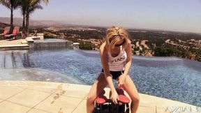 Busty perfect blonde rides sybian outdoors