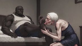 90 Year Old Granny Slave Licking Giant Black Man Feet - Wet Pussy Pleasure