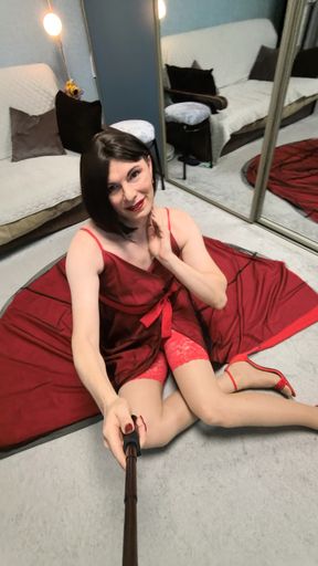 In a red long dress