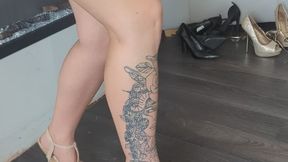 Giantess goddess Charlie Caroline Crushes a lots of tiny cars and a bus in mega Wedges with painted toenails Left high Leg view