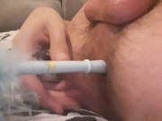 Skinny twig inserts a homemade dildo up his small tight hole