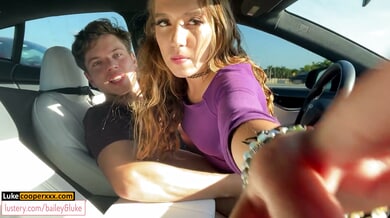 Curvy blonde Bailey Base rides Luke Cooper in a public car encounter