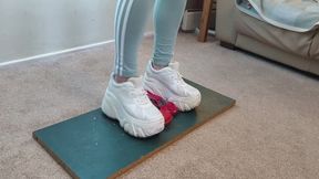 Giantess Lily Kink toy car crush of Ferrari vs 1990 Cougar XR7 in big chunky trainers sneakers and stomping the bits in a box high left view