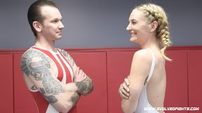 Man destroys blonde babe in wrestling then destroys herpussy