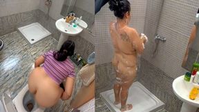 Naked shower highlights washing my pussy and body then mopping the bathroom