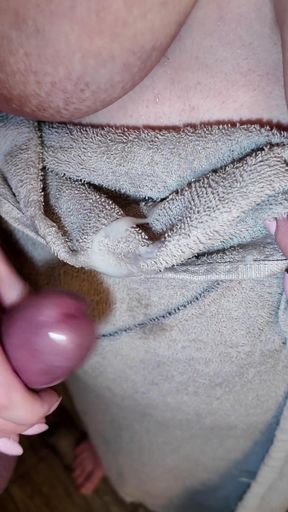 Big Natural Tits MILF Handjob in the Shower. I Cum on Her Towel.