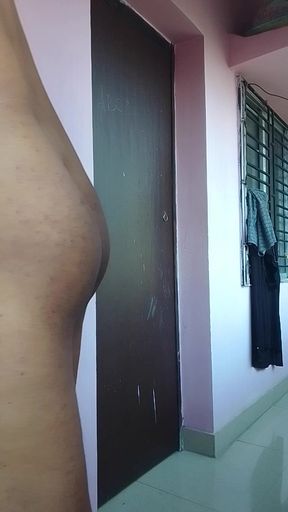 Naked showing masturbation.
