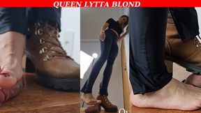 Queen Lytta - Sexy Footjob CBT and Shoejob and step on his cock until he bust on her feet - 2 angles - CBT - COCK TRAMPLING - FOOT DOMINATION - FOOT HUMILIATION - BALLBUSTING - COCK SQUEEZE - FOOT FETISH - SOLES - COCK STOMP - FEMDOM -