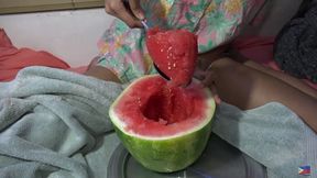 Filipina Viva Athena eats juicy watermelon at fetish party with giant spoon
