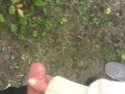Almost caught by a cyclist approaching us as my wife whipped out my cock to take a piss in the bush.