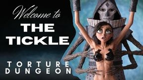 Welcome to the Tickling Dungeon : a slave girl with hairy pits suspended by wrists in a dark dungeon as an kinky robotic device tickles her belly and armpits as she struggles in BDSM bondage fetish