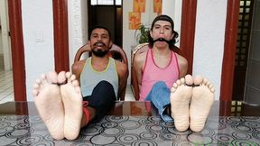 College Boys Andrade & Giovinco Are Getting Humiliated With Merciless Foot Tickling By Master Jose. He's Testing Various Mean Tickle Tools Such As Hairbrushs On The Boys Sensitive Feet. To Humiliate Them Even More He Also Gagged The Two Boys.